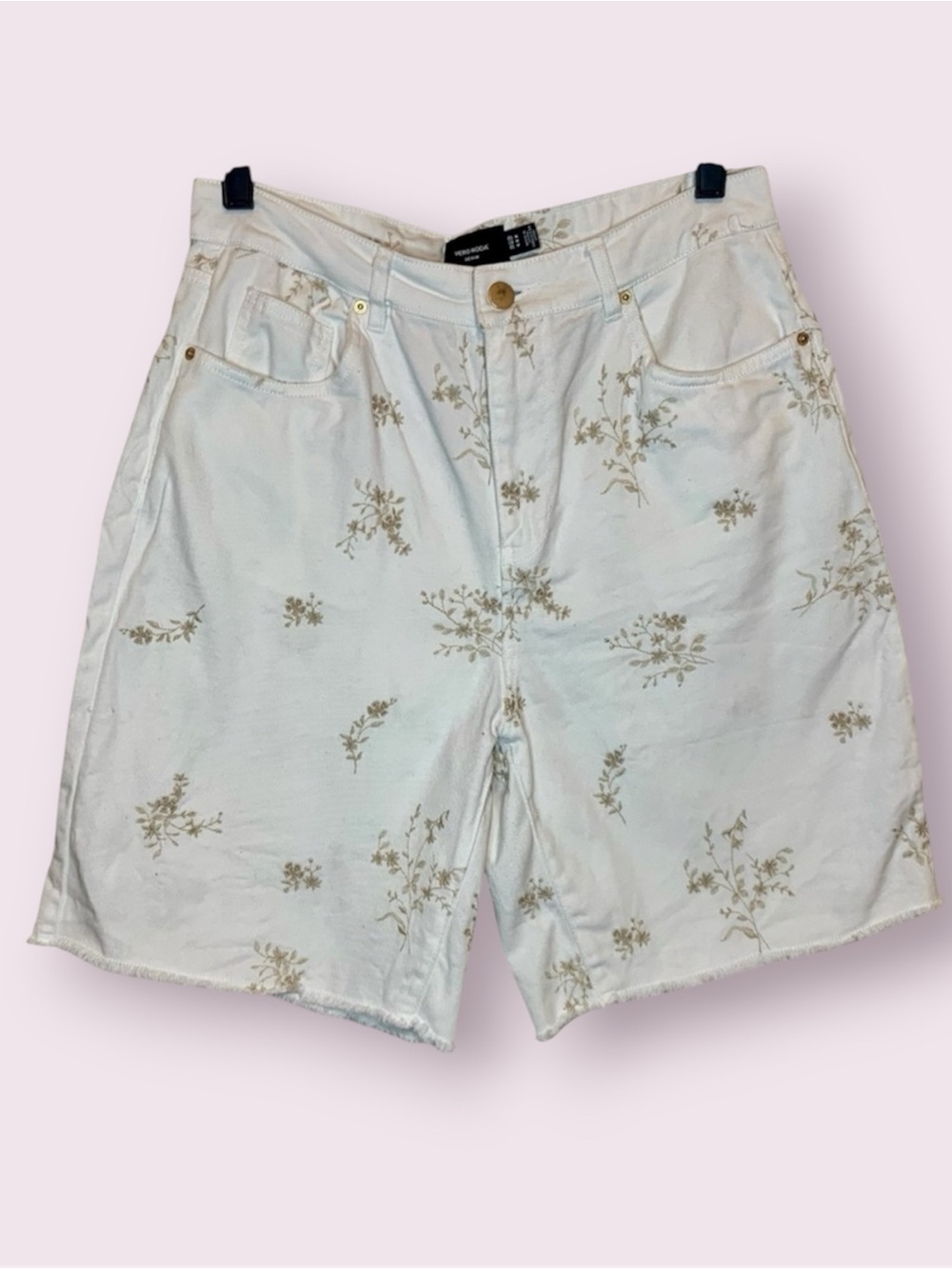 Vero Moda Denim Jean Shorts White With Tan Floral Embroidery Size Medium